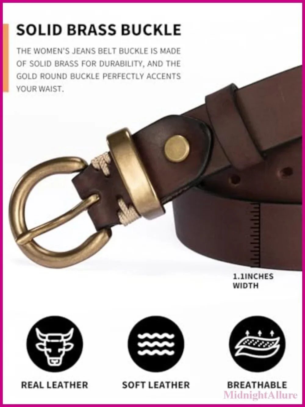 Women's Genuine Leather Belt with Solid Brass Buckle